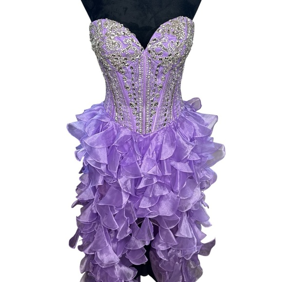 Sherri Hill Beaded Strapless Gown – Lavender Ruffle High-Low Prom/Pageant Dress - Picture 3 of 10